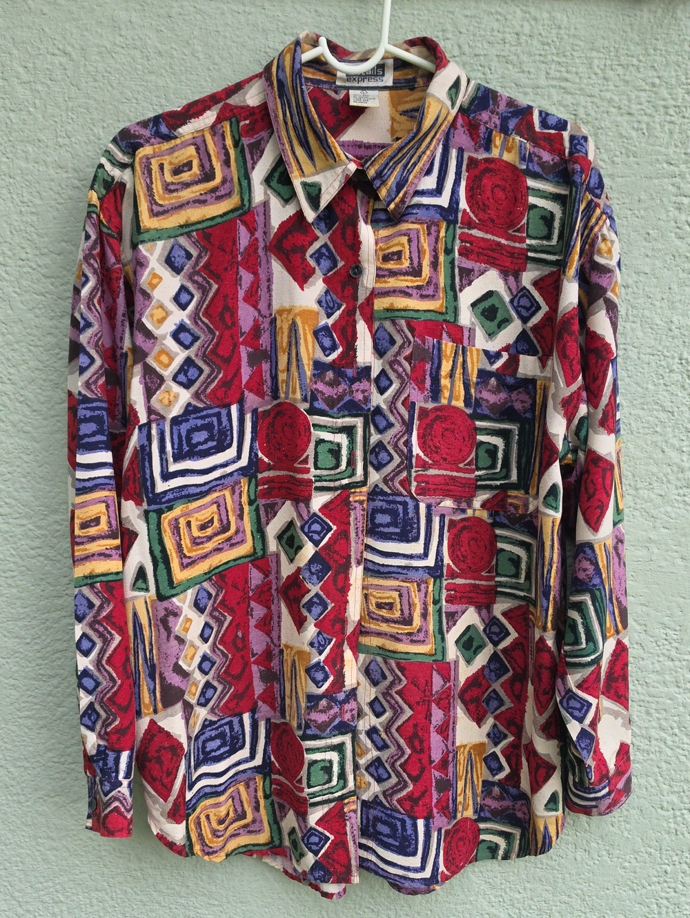 Details Express Ladies Vintage Pure Silk  Multicolor Geometric Button-Down Top